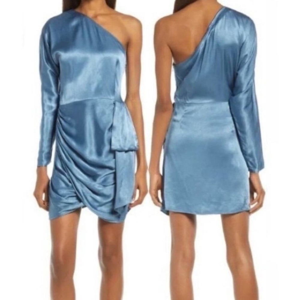 ELLIATT Saronic Slate Blue Satin One Shoulder Ruched Drape Mini Dress S